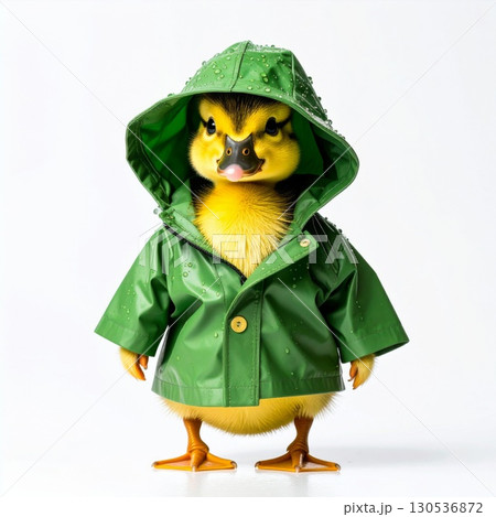 Duckling Wearing Green Raincoat Standing Against White Background In Studio Lighting 130536872