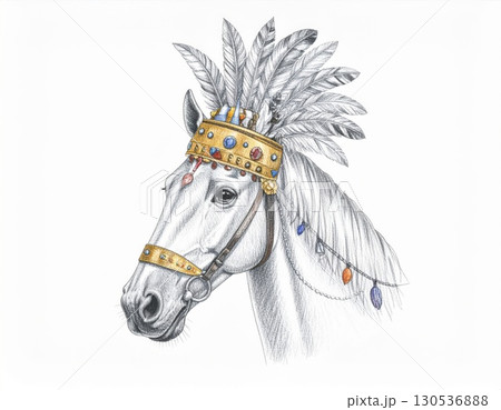 Detailed Illustration of a White Horse Wearing a Jeweled Feather Headdress on a White Background Detailed Illustration of a White Horse Wearing a Jeweled Feather Headdress on a White Background 130536888