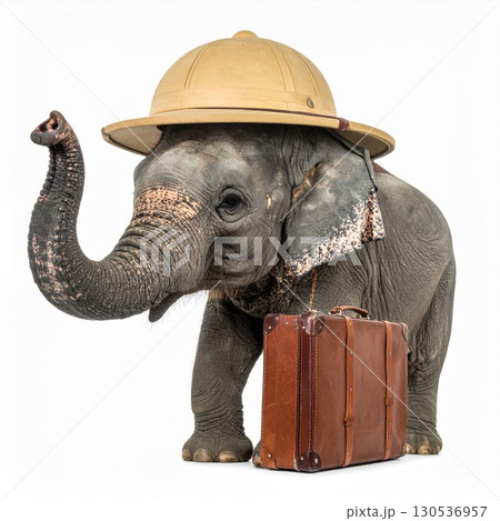 Elephant Wears Safari Hat and Carries Vintage Suitcase Against White Background for Adventure Travel 130536957