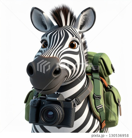 Cartoon Zebra with a Backpack and Camera Ready for Adventure on a White Background 130536958