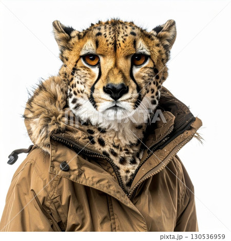 Cheetah Portrait with Faux Fur Hooded Brown Jacket on White Background with an Isolated Studio Shot 130536959