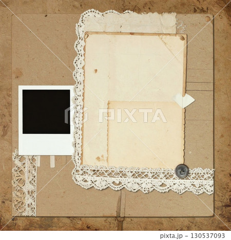Distressed Paper Collage with Lace and Instant Photo on Textured Backdrop for Scrapbooking and Crafts 130537093
