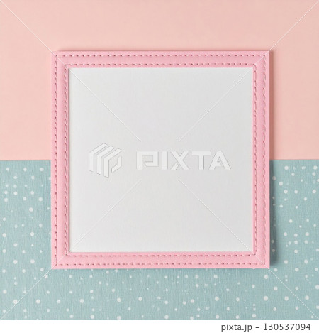 Pink Stitched Felt Square Frame on Divided Pastel Geometric Background Template 130537094