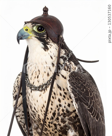 Detailed Portrait of a Majestic Falcon with Leather Hood Against White Background 130537160