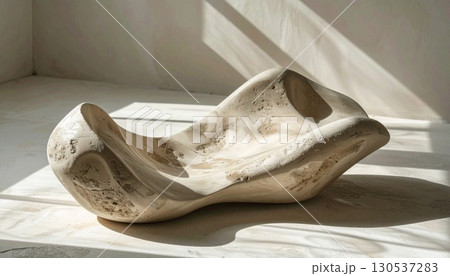 Abstract Beige Plaster Sculpture with Complex Texture Under Window Lighting 130537283