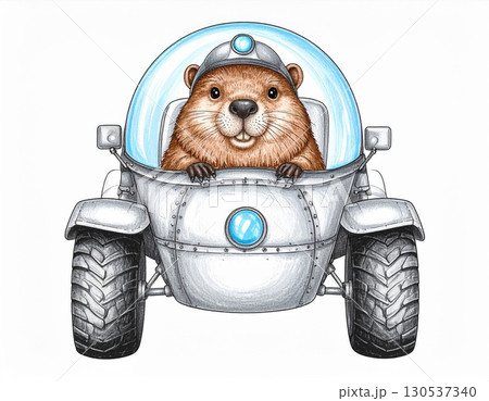 Cartoon Beaver Smiling in an Automotive Vehicle with Bubble Helmet Isolated in White Background 130537340