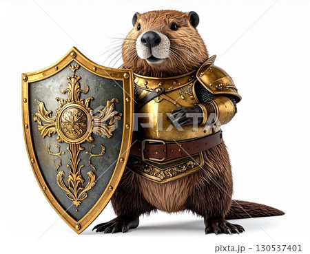 Beaver in Golden Armor Holding Shield on Isolated White Background Beaver in Golden Armor Holding Shield on Isolated White Background 130537401