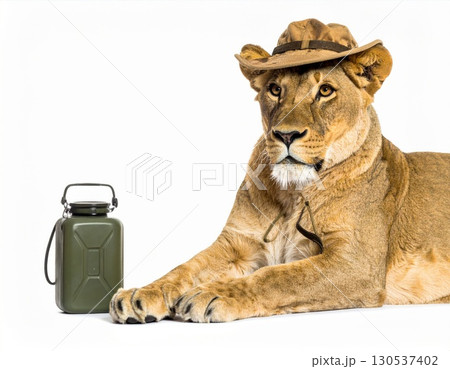 Lioness Portrait Wearing Cowboy Hat Next to a Green Jerrycan in a White Background Lioness Portrait Wearing Cowboy Hat Next to a Green Jerrycan in a White Background 130537402