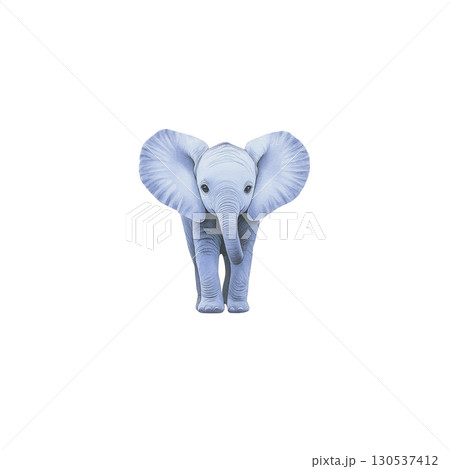 A cute, small blue elephant stands facing forward with large ears and gentle expression, set against plain background. whimsical color adds playful touch to image 130537412