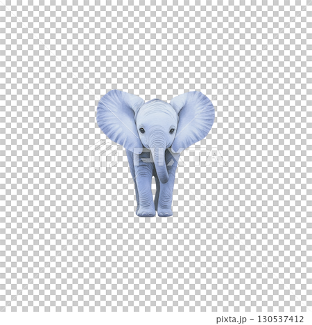 A cute, small blue elephant stands facing forward with large ears and gentle expression, set against plain background. whimsical color adds playful touch to image 130537412