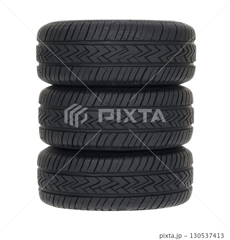 A stack of four black car tires is neatly arranged, showcasing their tread patterns. tires are aligned vertically, emphasizing their uniformity and design, suitable for automotive use 130537413