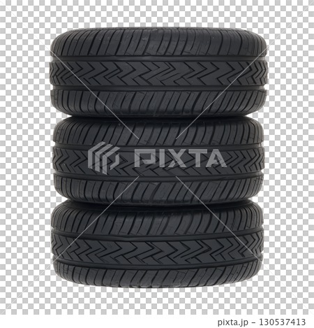 A stack of four black car tires is neatly arranged, showcasing their tread patterns. tires are aligned vertically, emphasizing their uniformity and design, suitable for automotive use 130537413