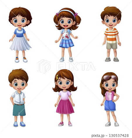A Six cheerful cartoon children with big eyes and colorful outfits, including dresses, shorts, and skirts, stand various poses. Each character has distinct hairstyles and expressions, showcasing 130537428