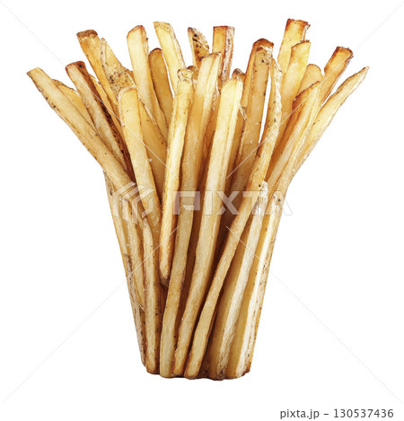 A Crispy golden French fries stacked vertically, showcasing their thin, elongated shape and lightly salted surface, perfect for savory snack or side dish 130537436
