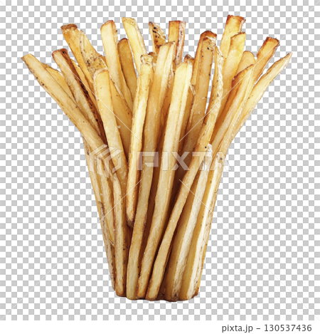 A Crispy golden French fries stacked vertically, showcasing their thin, elongated shape and lightly salted surface, perfect for savory snack or side dish 130537436