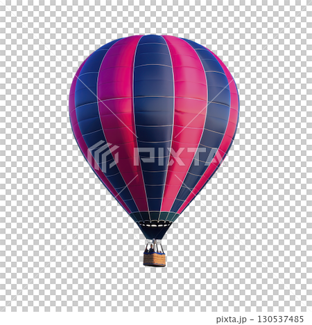 A vibrant hot air balloon with alternating red and blue panels floats against clear sky, showcasing sense of adventure and freedom. wicker basket hangs below, ready for passengers A vibrant hot air balloon with alternating red and blue panels floats against clear sky, showcasing sense of adventure and freedom. wicker basket hangs below, ready for passengers 130537485