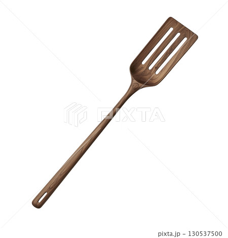 A wooden slotted spatula with long handle, ideal for cooking and flipping food. natural wood grain adds rustic charm, making it both functional and aesthetically pleasing 130537500