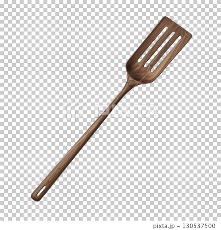 A wooden slotted spatula with long handle, ideal for cooking and flipping food. natural wood grain adds rustic charm, making it both functional and aesthetically pleasing 130537500