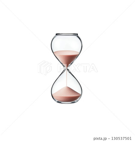 A clear hourglass with pink sand elegantly flows from top to bottom chamber, symbolizing passage of time. minimalist design evokes sense of calm and reflection 130537501