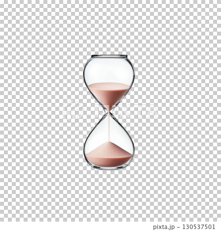 A clear hourglass with pink sand elegantly flows from top to bottom chamber, symbolizing passage of time. minimalist design evokes sense of calm and reflection 130537501