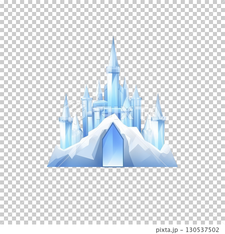 An enchanting ice castle with tall spires and icy blue hues stands majestically atop snowy mountain, evoking sense of wonder and magic 130537502