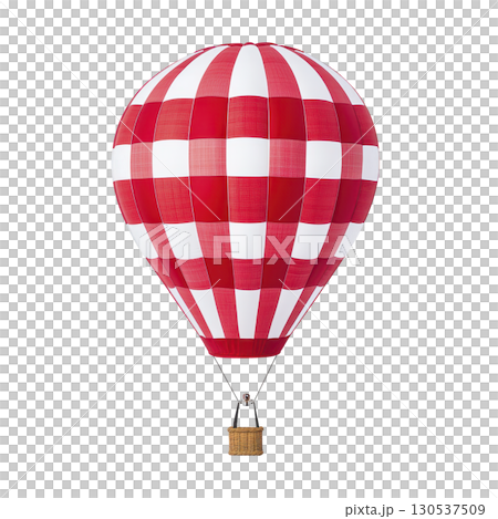 A vibrant red and white checkered hot air balloon floats against clear sky, showcasing its classic design. woven basket hangs below, ready for adventurous journey A vibrant red and white checkered hot air balloon floats against clear sky, showcasing its classic design. woven basket hangs below, ready for adventurous journey 130537509