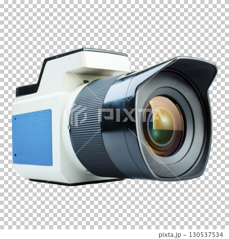 A retro style camera with large lens and blue accents, evoking sense of nostalgia and creativity. design combines vintage aesthetics with modern functionality, perfect for photography enthusiasts 130537534