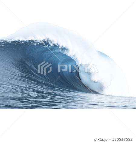 A powerful ocean wave curls with white foam cresting over vibrant blue water, capturing dynamic energy and beauty of sea 130537552