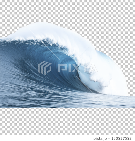 A powerful ocean wave curls with white foam cresting over vibrant blue water, capturing dynamic energy and beauty of sea 130537552