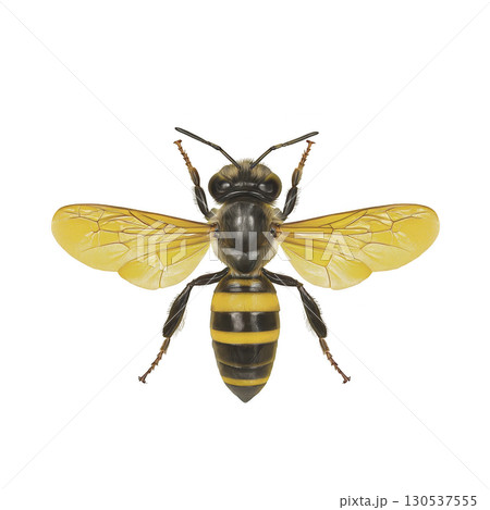 A detailed illustration of bee with vibrant yellow and black stripes, showcasing its delicate wings and intricate body structure. image highlights bee natural beauty and importance in nature A detailed illustration of bee with vibrant yellow and black stripes, showcasing its delicate wings and intricate body structure. image highlights bee natural beauty and importance in nature 130537555