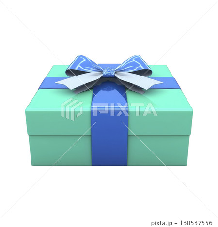 A beautifully wrapped turquoise gift box with shiny blue ribbon and bow, perfect for special occasions and celebrations. elegant design adds touch of excitement and anticipation 130537556