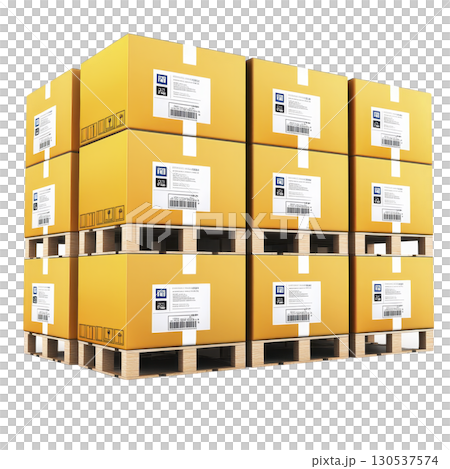 A stack of yellow cardboard boxes with labels is neatly arranged on wooden pallets, ready for shipping or storage. boxes are organized in grid pattern, indicating efficient logistics 130537574