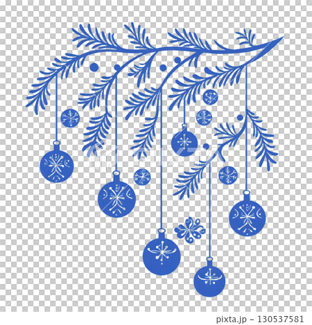 A festive illustration of blue Christmas tree branch adorned with hanging ornaments and snowflakes, evoking joyful holiday spirit A festive illustration of blue Christmas tree branch adorned with hanging ornaments and snowflakes, evoking joyful holiday spirit 130537581