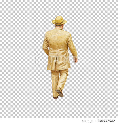 A man in yellow suit and hat walks away, exuding confidence and style. vibrant attire stands out, creating striking visual against plain background A man in yellow suit and hat walks away, exuding confidence and style. vibrant attire stands out, creating striking visual against plain background 130537582