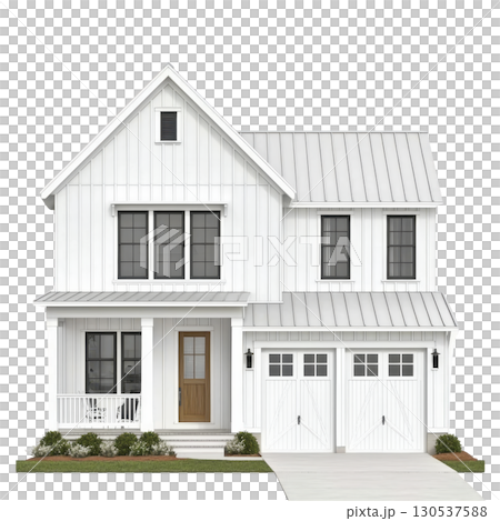 A modern white farmhouse with metal roof and black framed windows features welcoming front porch and two car garage, surrounded by simple landscaping 130537588