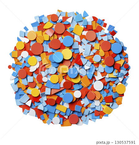 A vibrant assortment of colorful geometric shapes including circles squares and triangles in red blue yellow and white arranged in playful abstract pattern A vibrant assortment of colorful geometric shapes including circles squares and triangles in red blue yellow and white arranged in playful abstract pattern 130537591