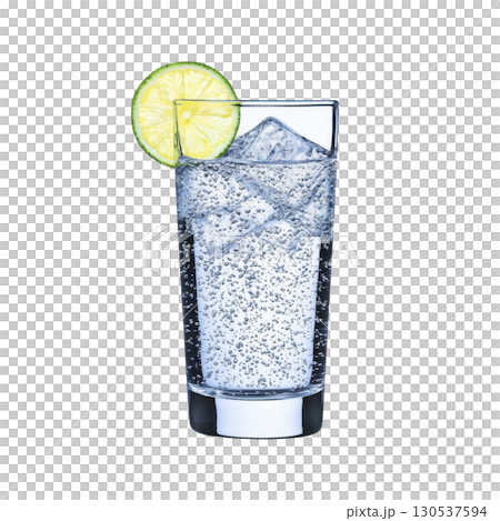 A refreshing glass of sparkling water with ice cubes and slice of lime, perfect for cool and invigorating drink. bubbles add lively touch to clear beverage 130537594