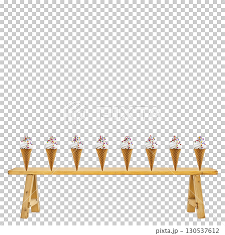 A row of eight ice cream cones with colorful sprinkles is neatly arranged on wooden bench, creating playful and inviting scene. cones are evenly spaced, showcasing delightful treat 130537612