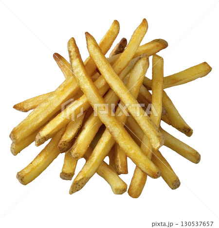 A Golden, crispy French fries stacked in tempting pile, showcasing their delicious texture and inviting appearance. Perfect for snack or side dish 130537657