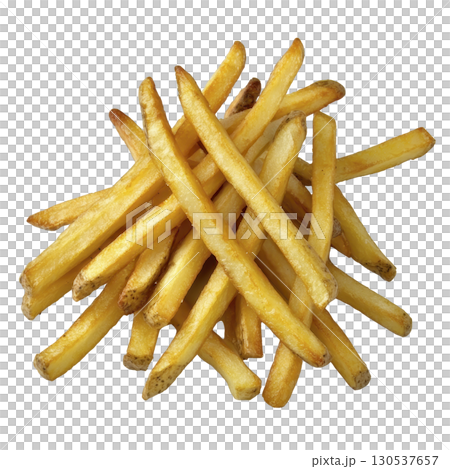 A Golden, crispy French fries stacked in tempting pile, showcasing their delicious texture and inviting appearance. Perfect for snack or side dish 130537657
