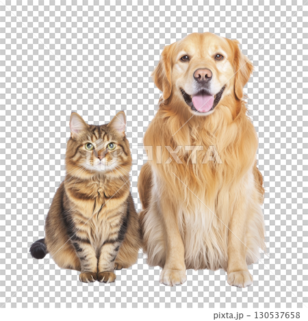 A fluffy tabby cat and cheerful golden retriever sit side by side, showcasing their friendly companionship. cat striped fur contrasts with dog golden coat, creating heartwarming scene 130537658
