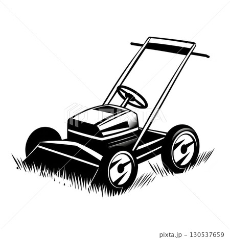 A black and white illustration of lawn mower with simple, minimalist design, featuring large wheels and handlebar, set against plain background 130537659
