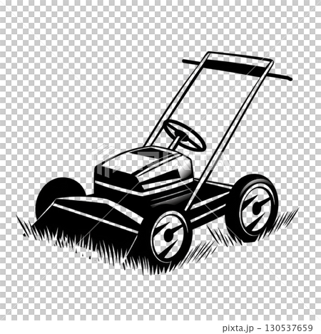 A black and white illustration of lawn mower with simple, minimalist design, featuring large wheels and handlebar, set against plain background 130537659