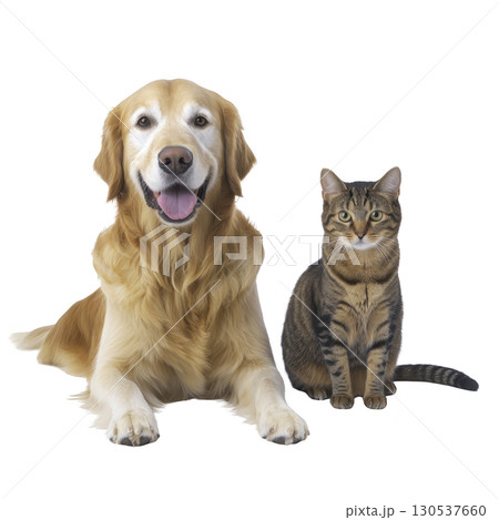 A friendly golden retriever and tabby cat sit side by side, showcasing harmonious relationship between pets. dog appears happy with its tongue out, while cat sits calmly A friendly golden retriever and tabby cat sit side by side, showcasing harmonious relationship between pets. dog appears happy with its tongue out, while cat sits calmly 130537660