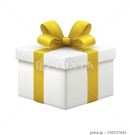 A white gift box with bright yellow ribbon and bow, symbolizing celebration and surprise. Perfect for birthdays, holidays, or special occasions, it conveys joy and anticipation 130537681