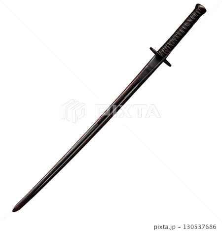 A long, sleek sword with dark blade and detailed hilt, evoking sense of mystery and power. design is reminiscent of traditional Japanese katana styles, with modern twist 130537686