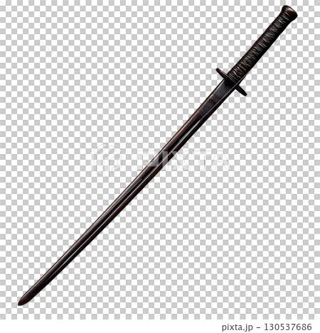 A long, sleek sword with dark blade and detailed hilt, evoking sense of mystery and power. design is reminiscent of traditional Japanese katana styles, with modern twist 130537686
