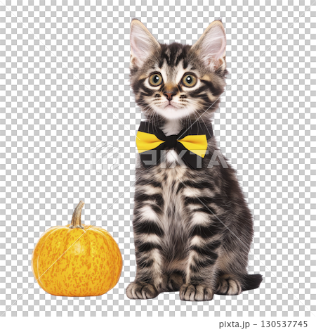A cute tabby kitten wearing yellow bow tie sits next to small pumpkin, creating charming and festive scene. kitten curious expression adds to playful atmosphere 130537745