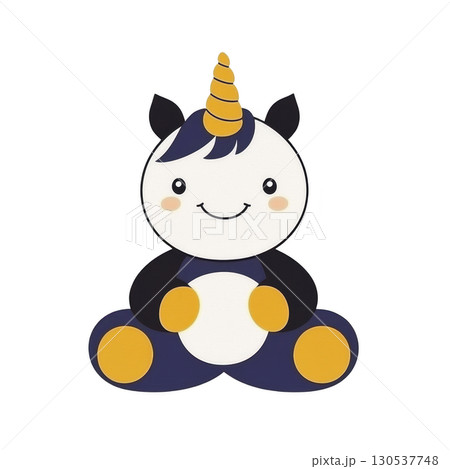 A cute cartoon unicorn with cheerful expression, featuring yellow horn, black ears, and white face, sitting with its legs spread. unicorn has playful and friendly appearance A cute cartoon unicorn with cheerful expression, featuring yellow horn, black ears, and white face, sitting with its legs spread. unicorn has playful and friendly appearance 130537748