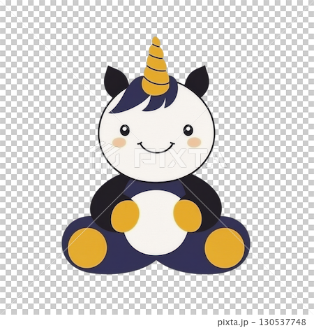 A cute cartoon unicorn with cheerful expression, featuring yellow horn, black ears, and white face, sitting with its legs spread. unicorn has playful and friendly appearance A cute cartoon unicorn with cheerful expression, featuring yellow horn, black ears, and white face, sitting with its legs spread. unicorn has playful and friendly appearance 130537748